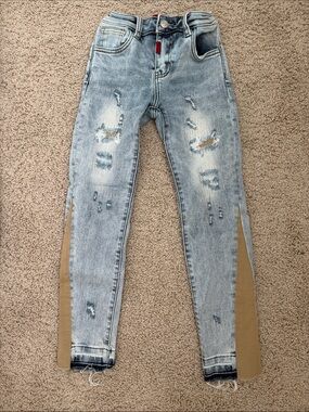 Haus of JR Light Blue Distressed Skinny Jeans with Tan Side Panel